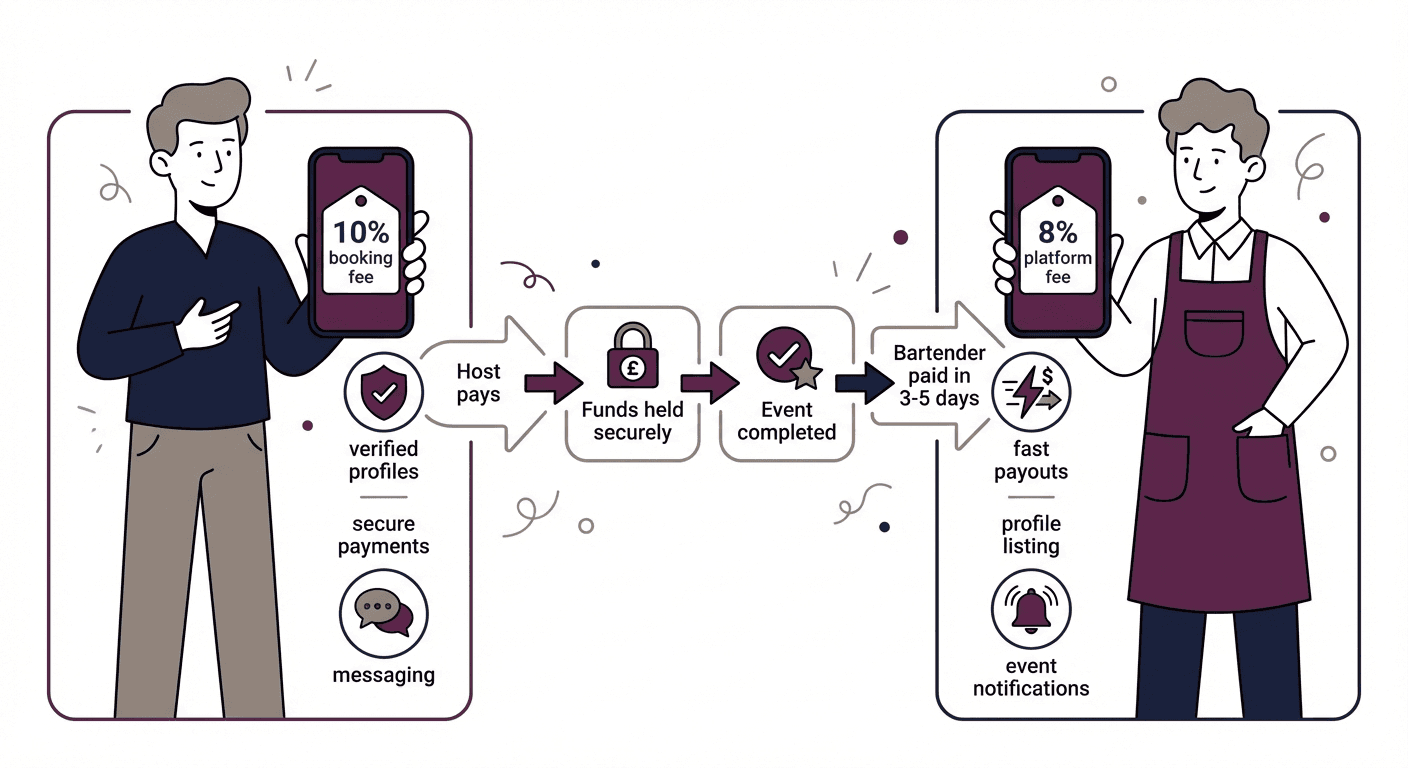 Pricing overview — 10% booking fee for hosts, 8% platform fee for workers, with secure payment flow in between